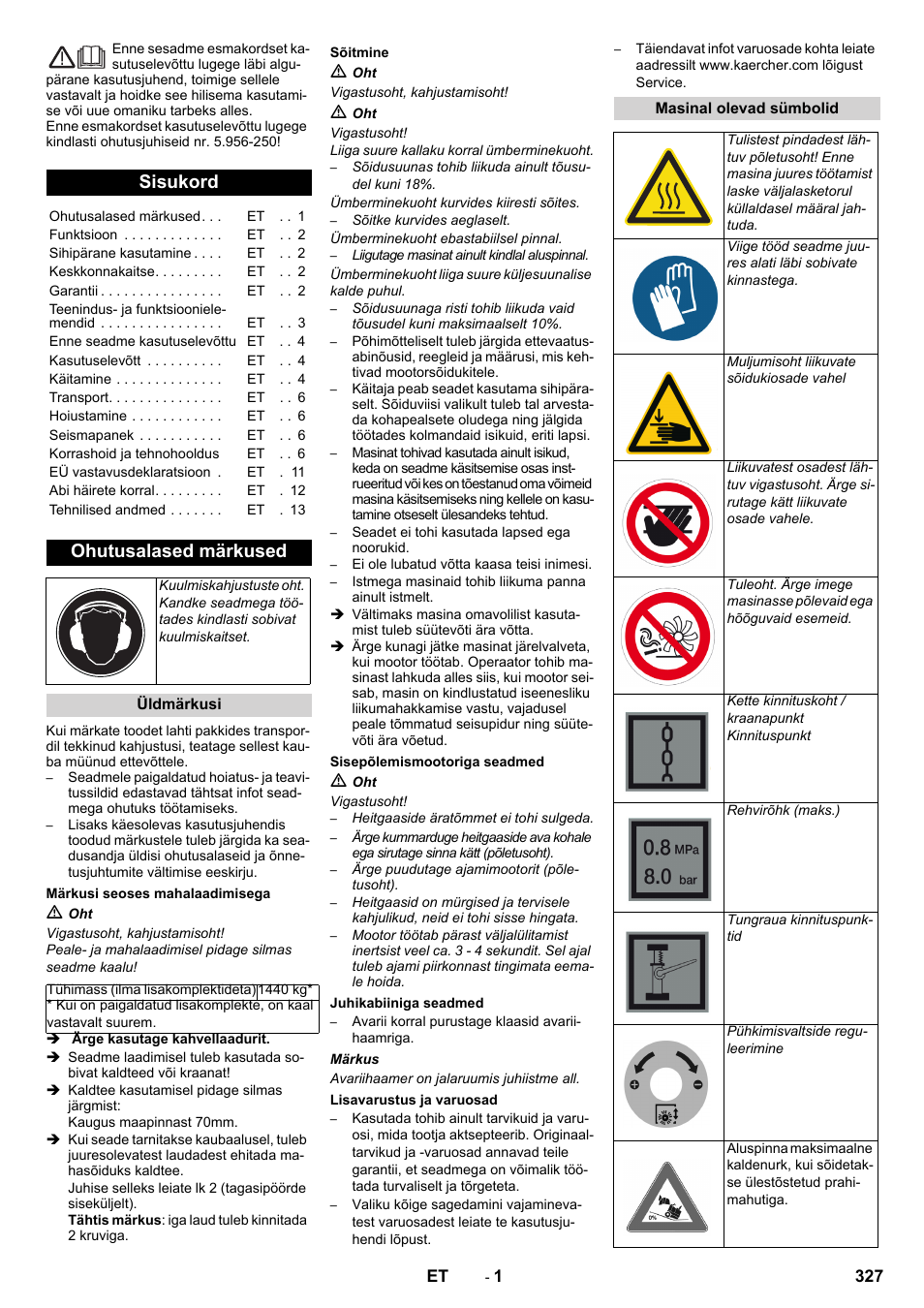 Eesti, Sisukord, Ohutusalased märkused | Karcher KM 150-500 D 4-r�drig User Manual | Page 327 / 420