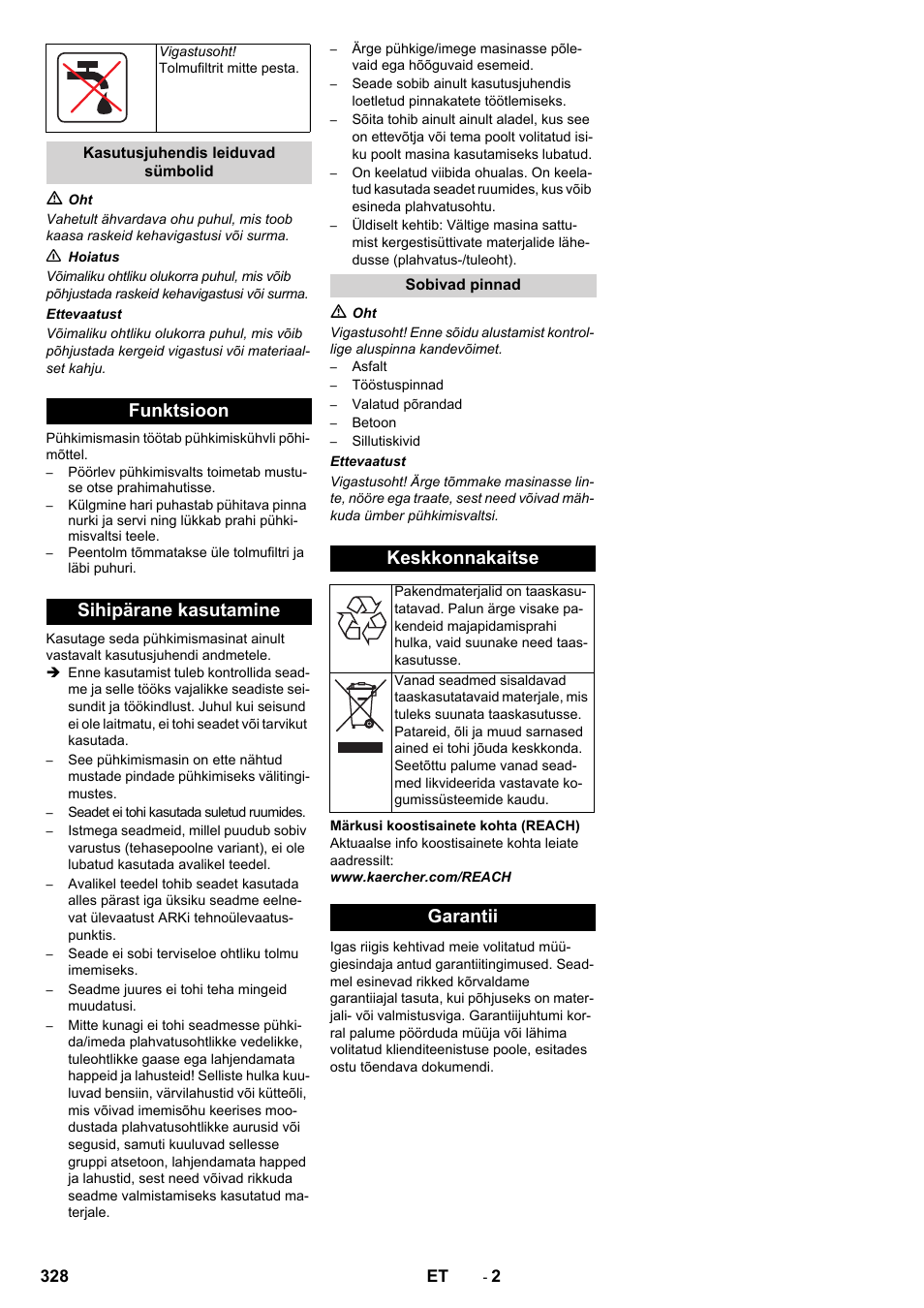 Funktsioon sihipärane kasutamine, Keskkonnakaitse, Garantii | Karcher KM 150-500 D 4-r�drig User Manual | Page 328 / 420