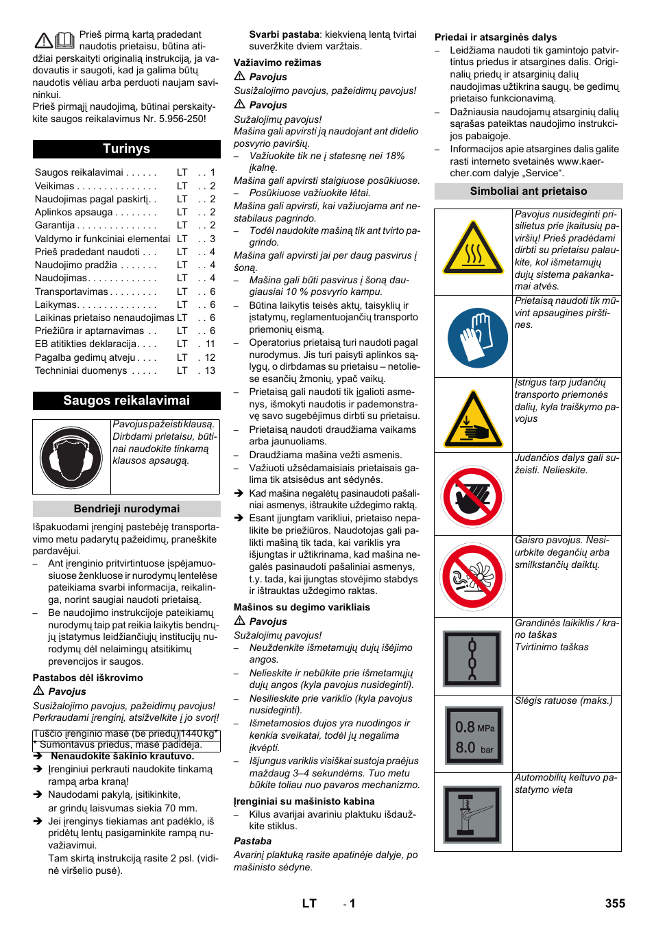 Lietuviškai, Turinys, Saugos reikalavimai | Karcher KM 150-500 D 4-r�drig User Manual | Page 355 / 420