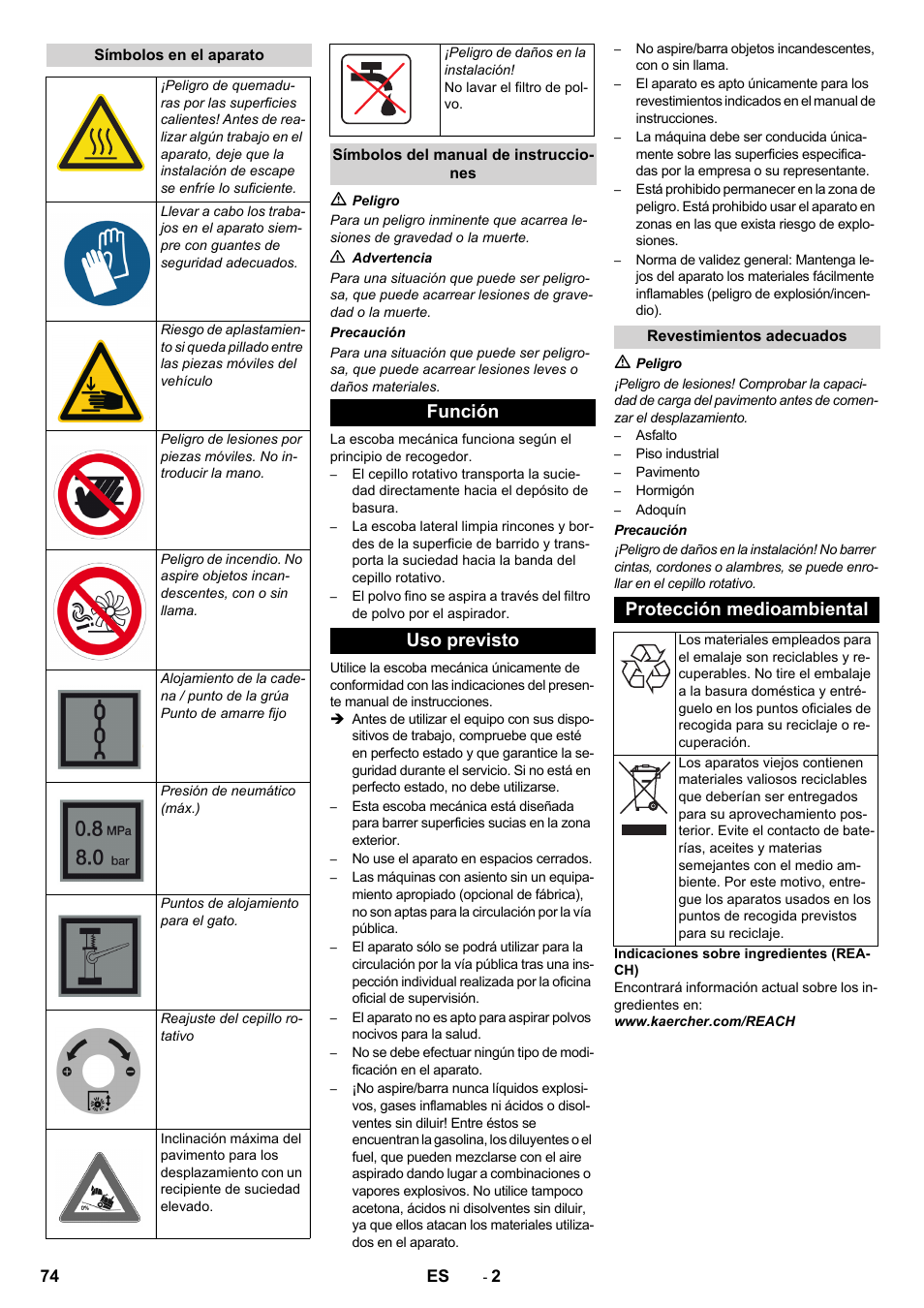 Función uso previsto, Protección medioambiental | Karcher KM 150-500 D 4-r�drig User Manual | Page 74 / 420