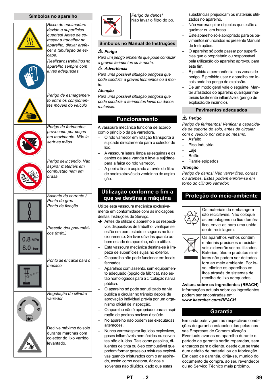 Proteção do meio-ambiente, Garantia | Karcher KM 150-500 D 4-r�drig User Manual | Page 89 / 420