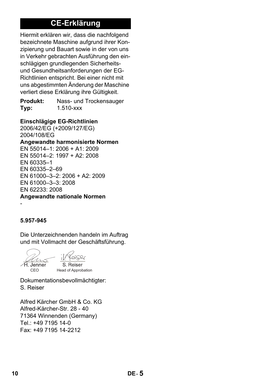 Ce-erklärung | Karcher NT 14-1 Classic User Manual | Page 10 / 164