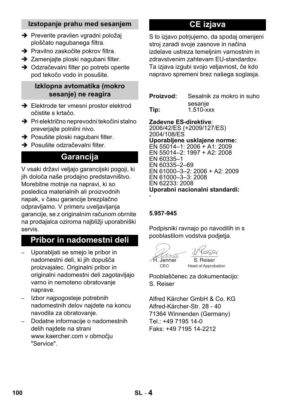 Garancija pribor in nadomestni deli ce izjava | Karcher NT 14-1 Classic User Manual | Page 100 / 164