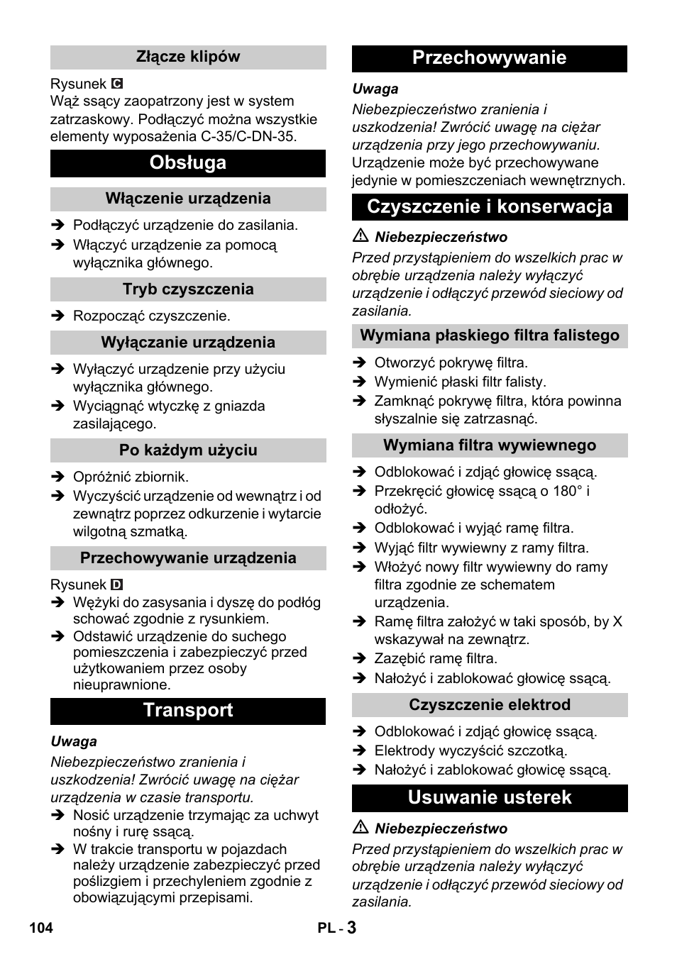 Obsługa, Transport przechowywanie czyszczenie i konserwacja, Usuwanie usterek | Karcher NT 14-1 Classic User Manual | Page 104 / 164