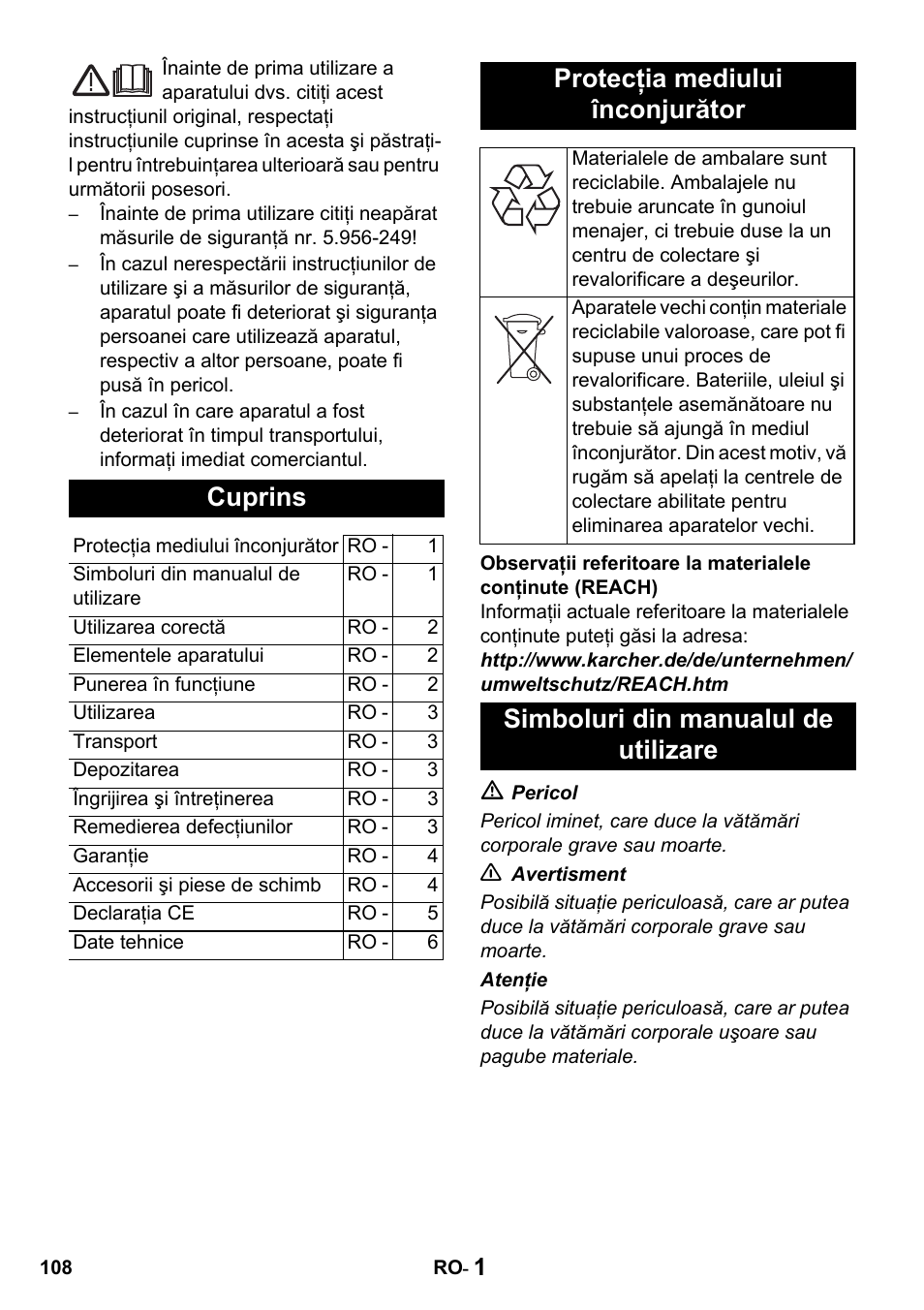 Cuprins, Protecţia mediului înconjurător, Simboluri din manualul de utilizare | Karcher NT 14-1 Classic User Manual | Page 108 / 164