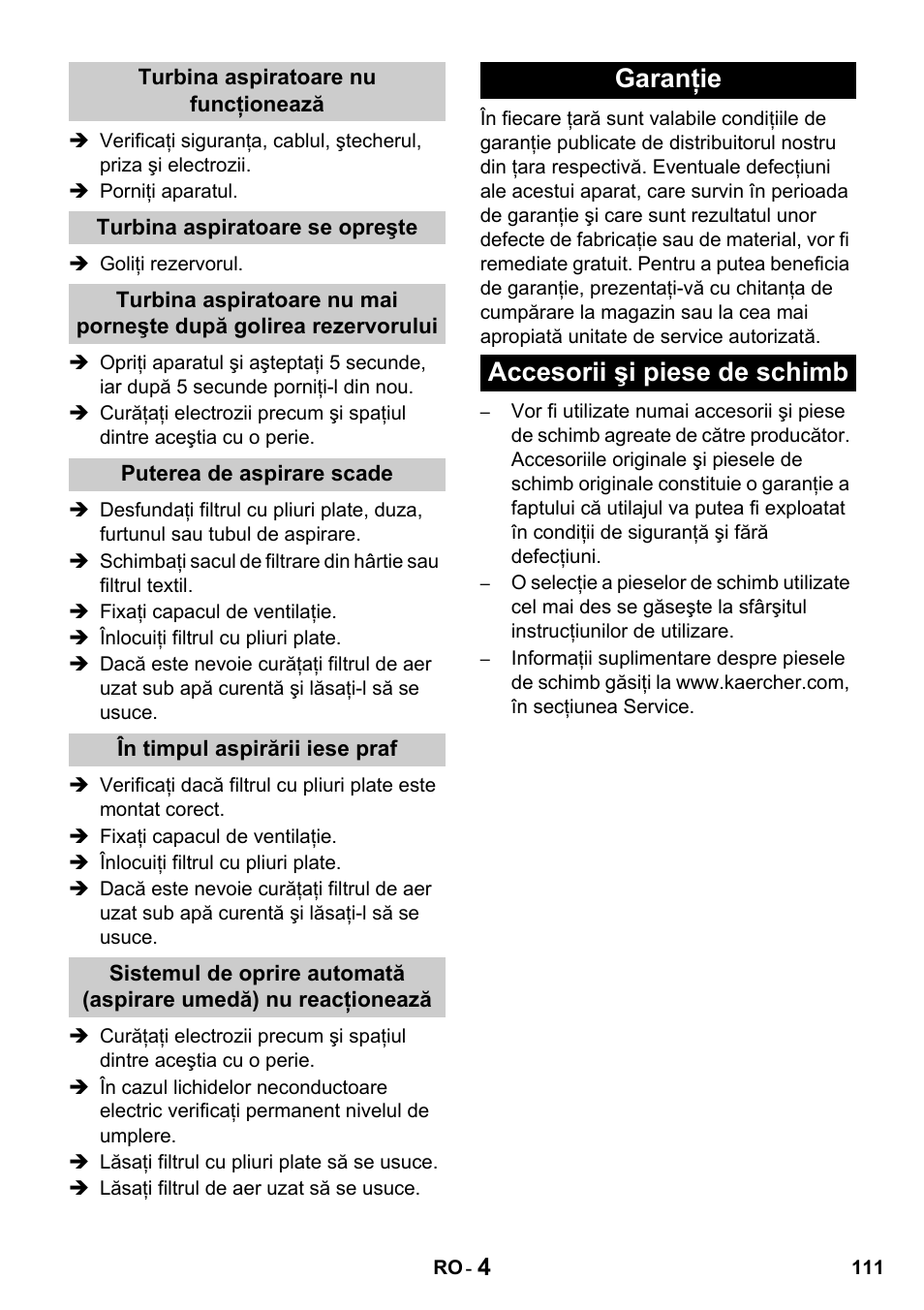 Garanţie accesorii şi piese de schimb | Karcher NT 14-1 Classic User Manual | Page 111 / 164