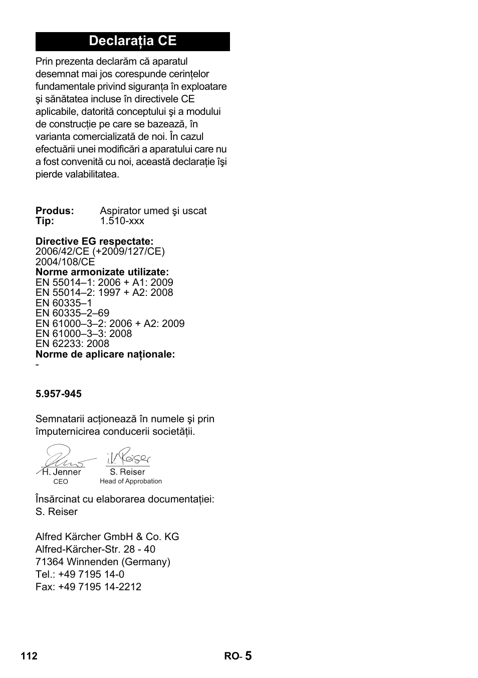 Declaraţia ce | Karcher NT 14-1 Classic User Manual | Page 112 / 164