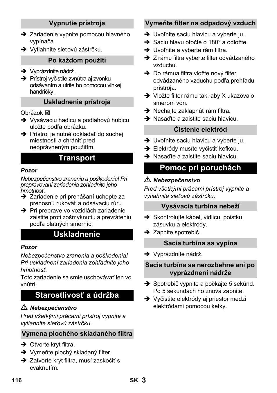 Transport uskladnenie starostlivosť a údržba, Pomoc pri poruchách | Karcher NT 14-1 Classic User Manual | Page 116 / 164