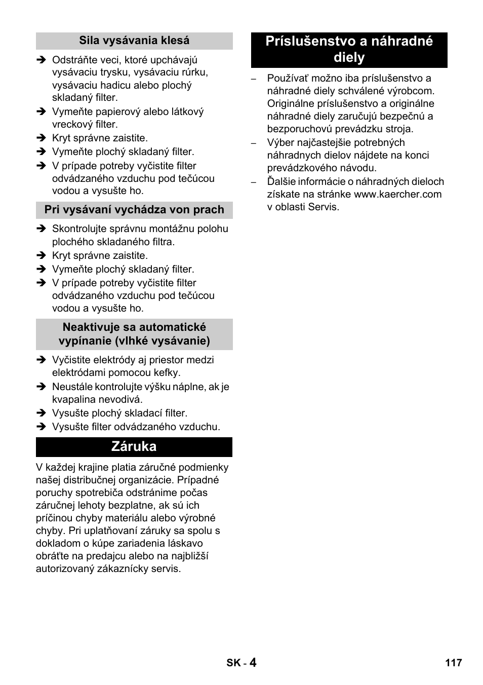 Záruka príslušenstvo a náhradné diely | Karcher NT 14-1 Classic User Manual | Page 117 / 164