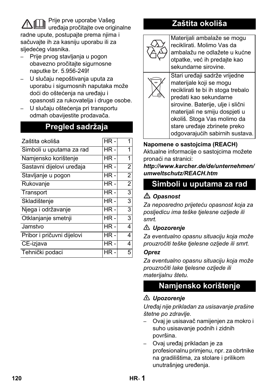 Pregled sadržaja, Zaštita okoliša, Simboli u uputama za rad namjensko korištenje | Karcher NT 14-1 Classic User Manual | Page 120 / 164