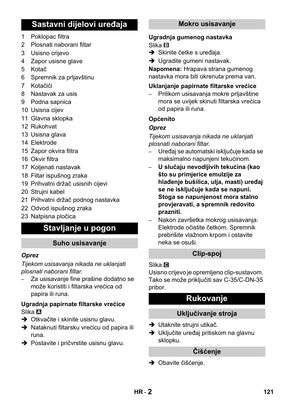 Sastavni dijelovi uređaja stavljanje u pogon, Rukovanje | Karcher NT 14-1 Classic User Manual | Page 121 / 164