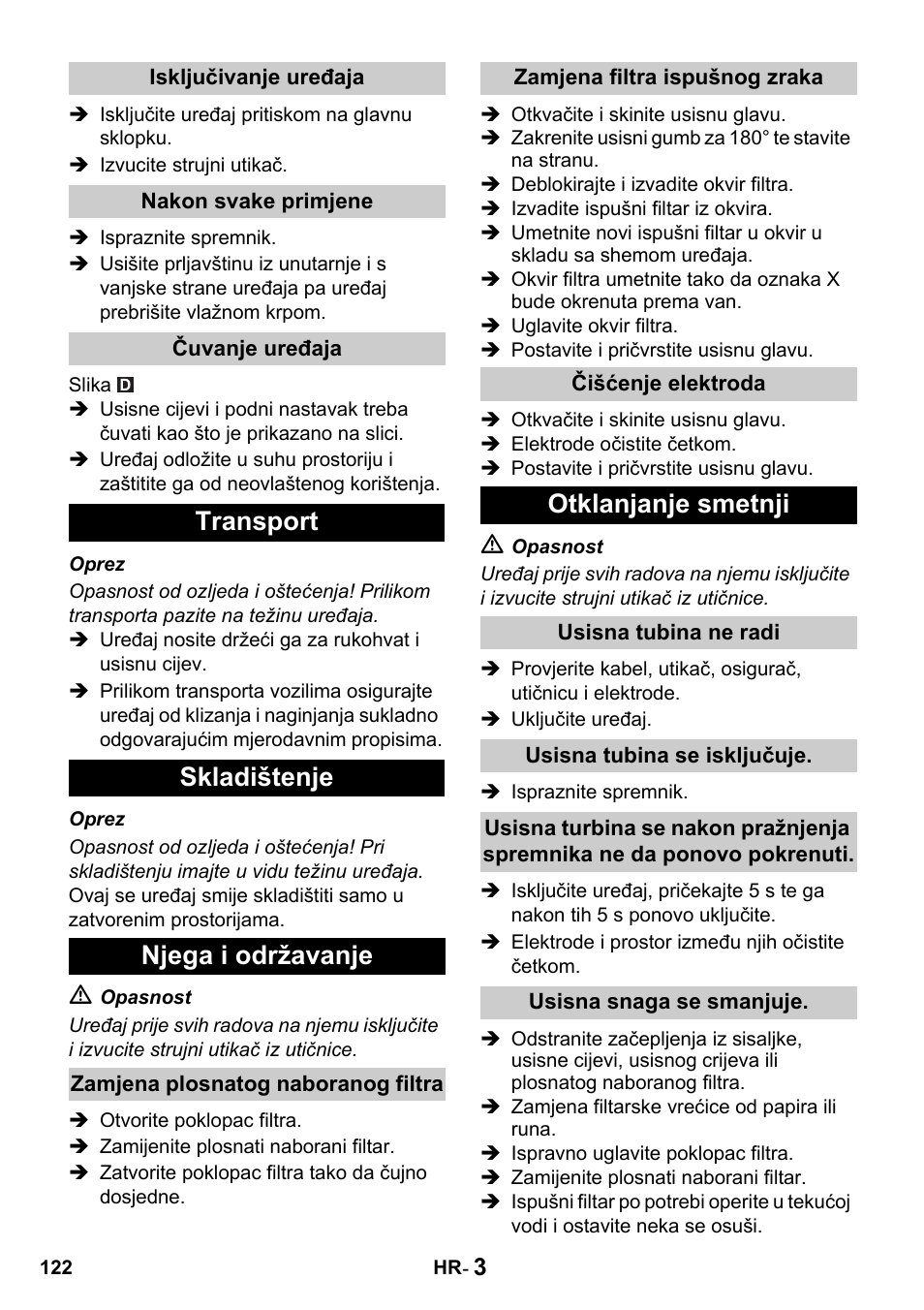 Transport skladištenje njega i održavanje, Otklanjanje smetnji | Karcher NT 14-1 Classic User Manual | Page 122 / 164
