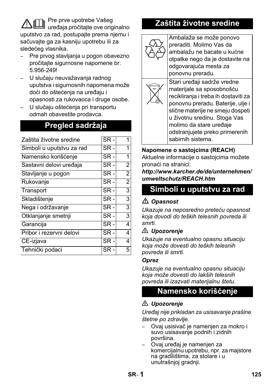 Pregled sadržaja, Zaštita životne sredine, Simboli u uputstvu za rad namensko korišćenje | Karcher NT 14-1 Classic User Manual | Page 125 / 164