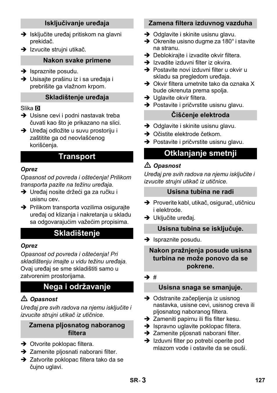 Transport skladištenje nega i održavanje, Otklanjanje smetnji | Karcher NT 14-1 Classic User Manual | Page 127 / 164