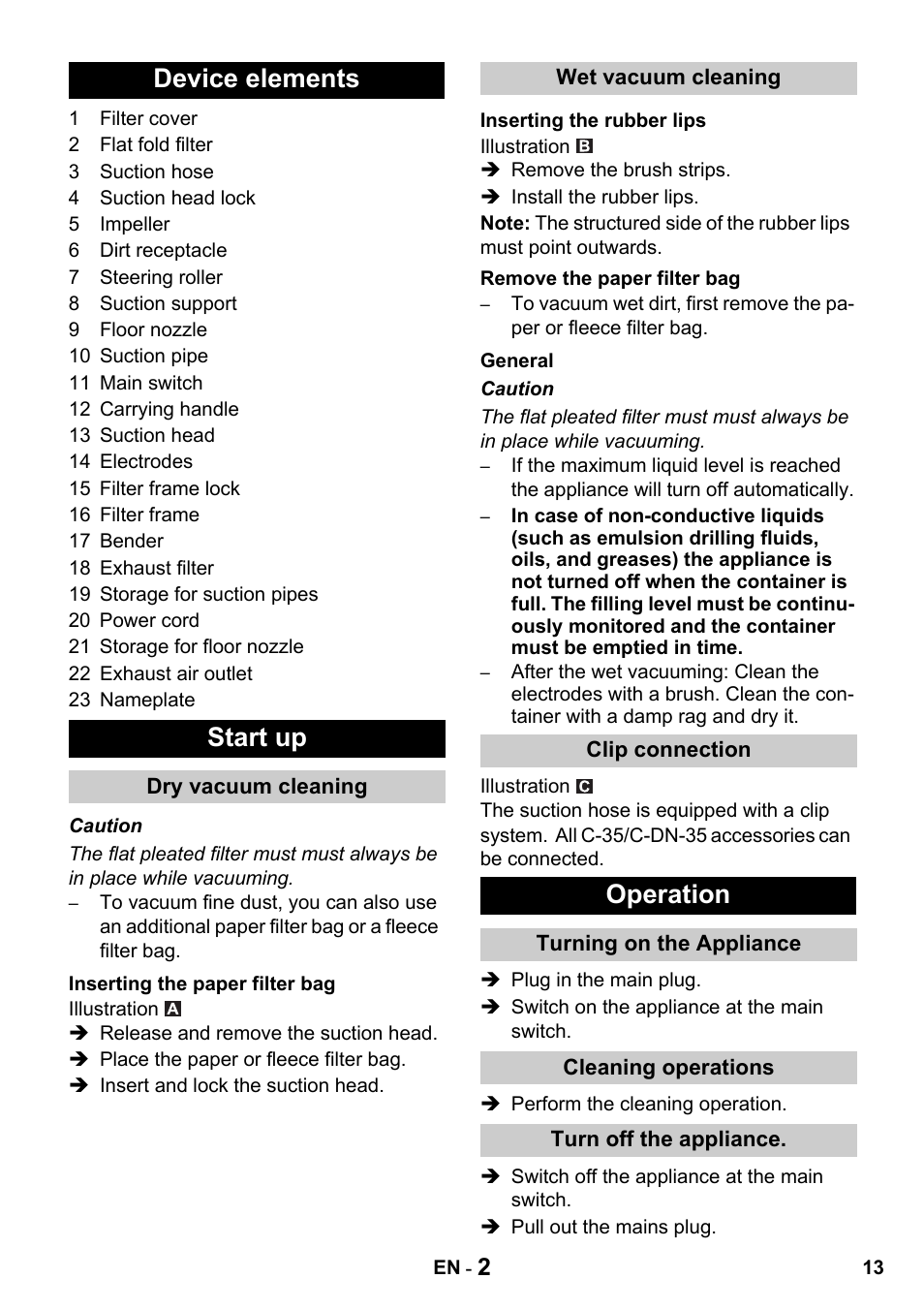 Device elements start up, Operation | Karcher NT 14-1 Classic User Manual | Page 13 / 164