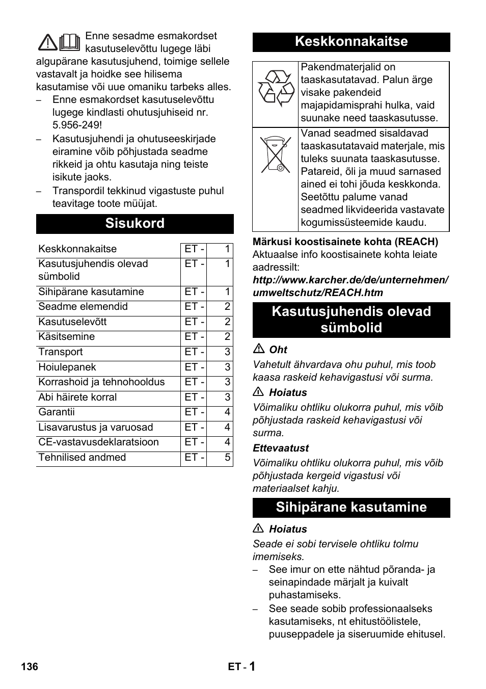 Sisukord, Keskkonnakaitse | Karcher NT 14-1 Classic User Manual | Page 136 / 164