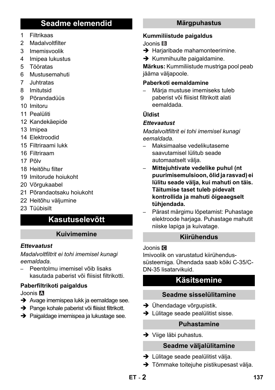 Seadme elemendid kasutuselevõtt, Käsitsemine | Karcher NT 14-1 Classic User Manual | Page 137 / 164