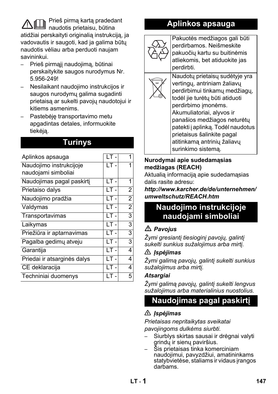 Turinys, Aplinkos apsauga | Karcher NT 14-1 Classic User Manual | Page 147 / 164