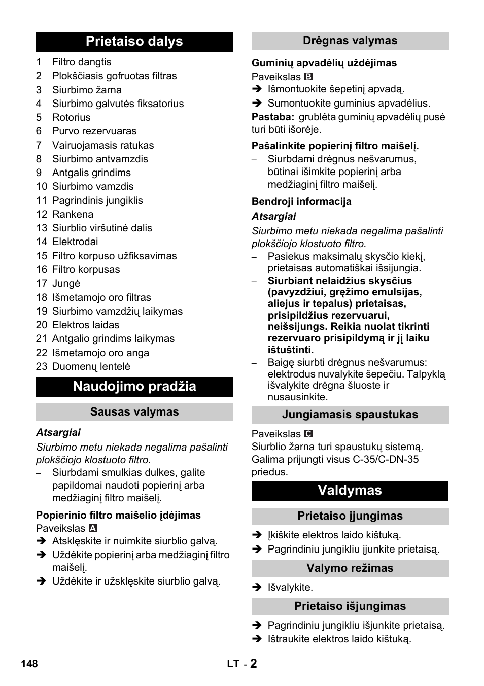 Prietaiso dalys naudojimo pradžia, Valdymas | Karcher NT 14-1 Classic User Manual | Page 148 / 164