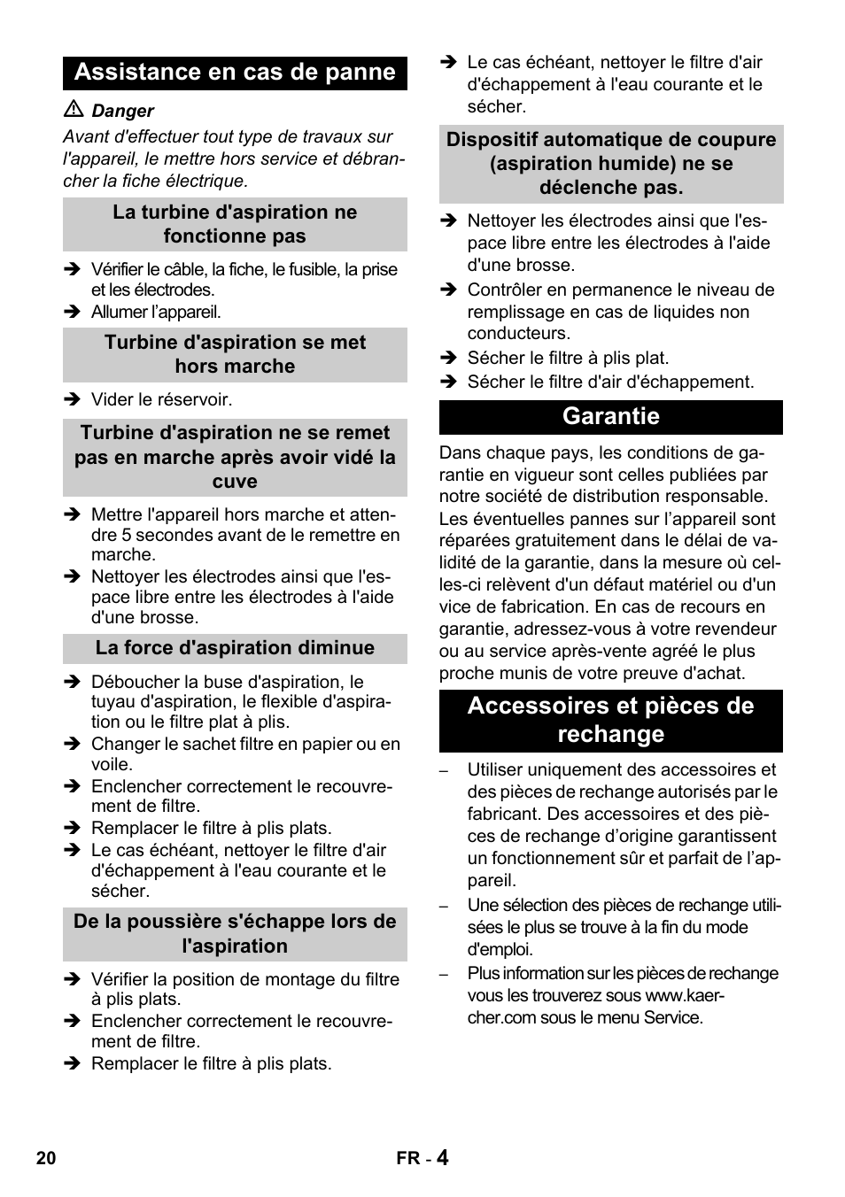 Assistance en cas de panne, Garantie accessoires et pièces de rechange | Karcher NT 14-1 Classic User Manual | Page 20 / 164