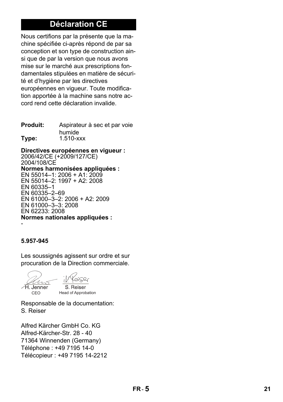 Déclaration ce | Karcher NT 14-1 Classic User Manual | Page 21 / 164