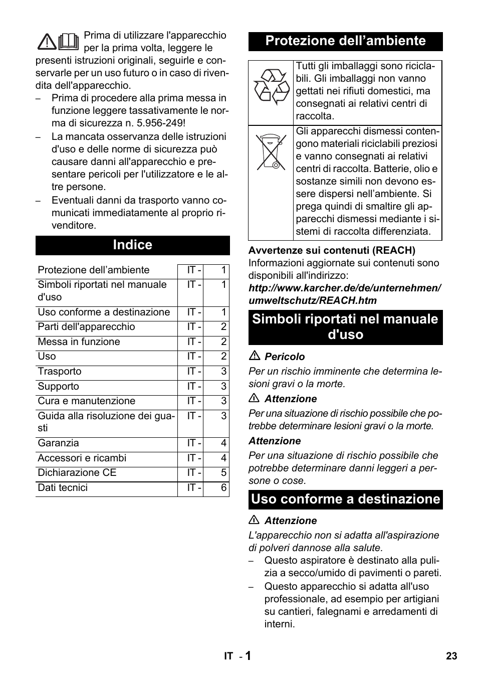 Indice, Protezione dell’ambiente | Karcher NT 14-1 Classic User Manual | Page 23 / 164