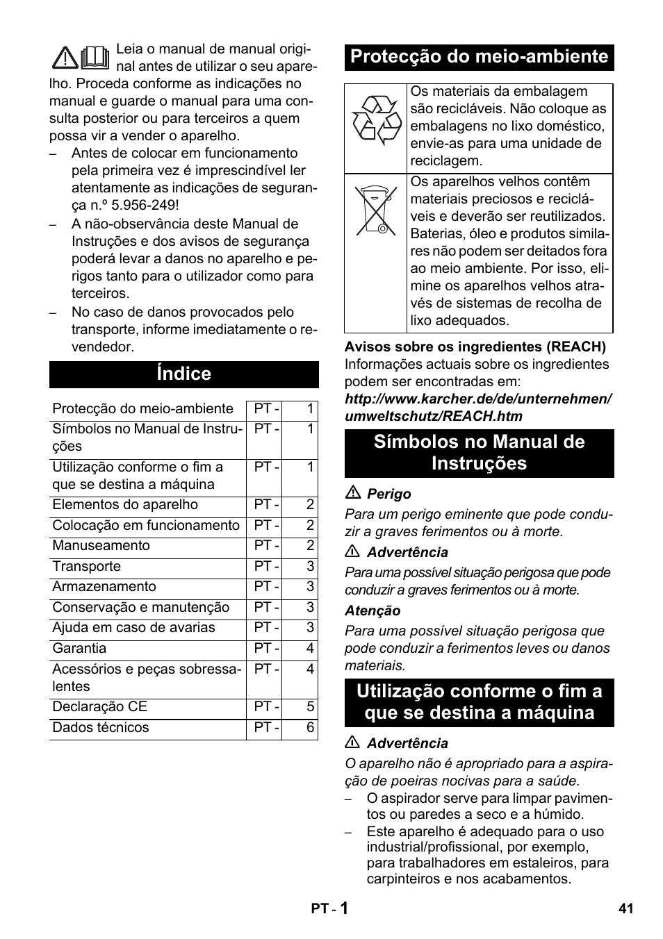 Índice, Protecção do meio-ambiente | Karcher NT 14-1 Classic User Manual | Page 41 / 164