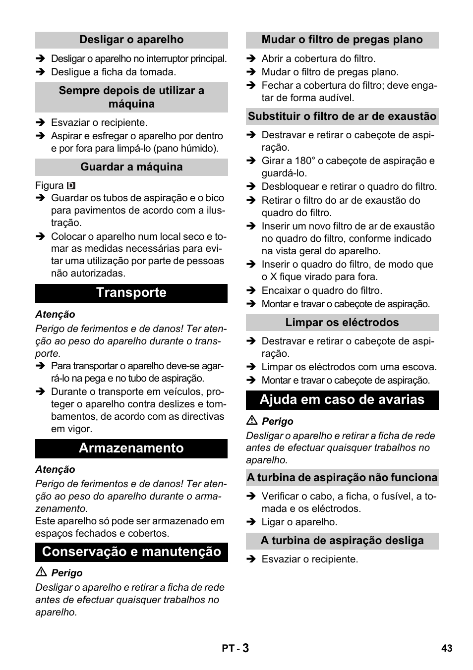 Transporte armazenamento conservação e manutenção, Ajuda em caso de avarias | Karcher NT 14-1 Classic User Manual | Page 43 / 164