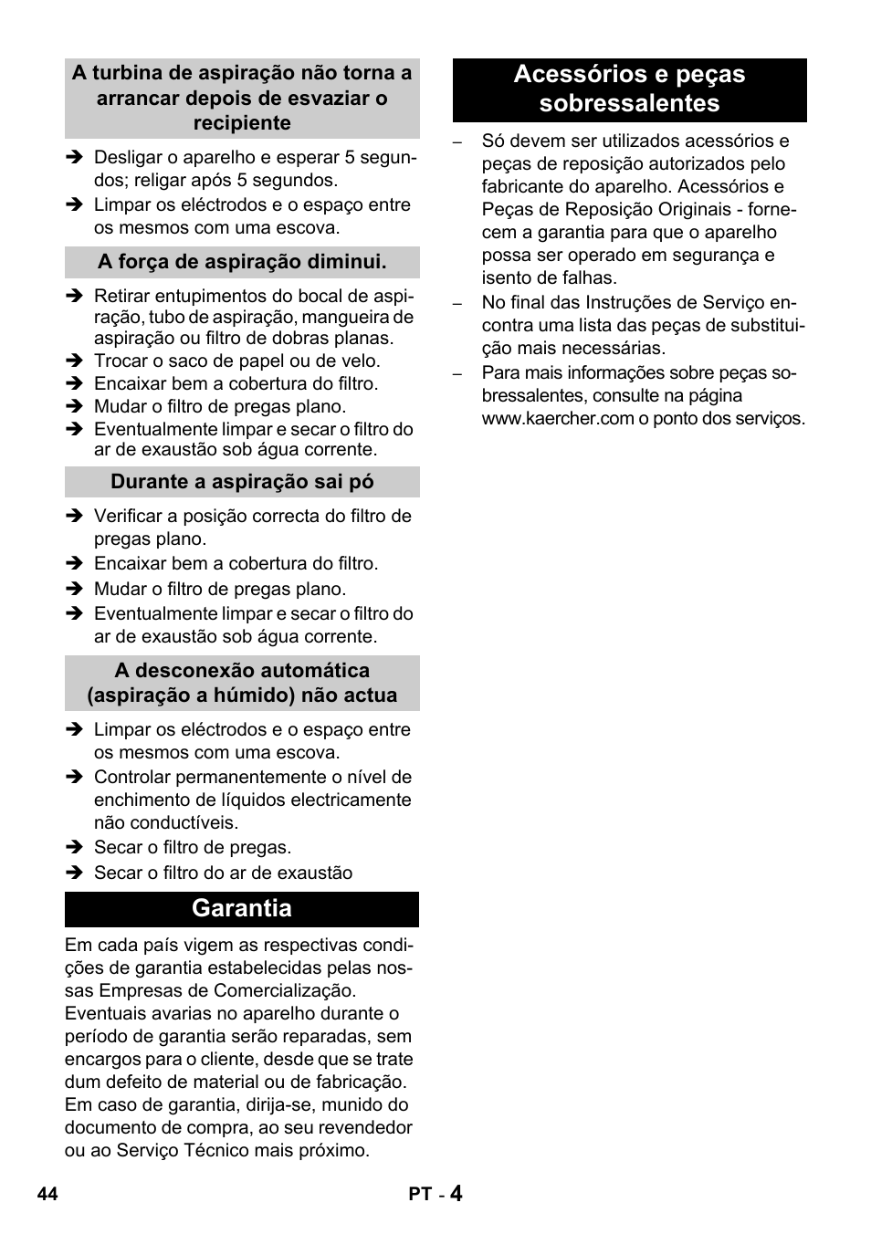 Garantia acessórios e peças sobressalentes | Karcher NT 14-1 Classic User Manual | Page 44 / 164