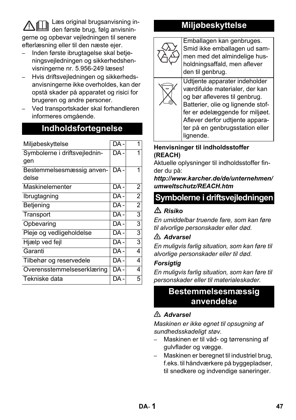 Indholdsfortegnelse, Miljøbeskyttelse | Karcher NT 14-1 Classic User Manual | Page 47 / 164