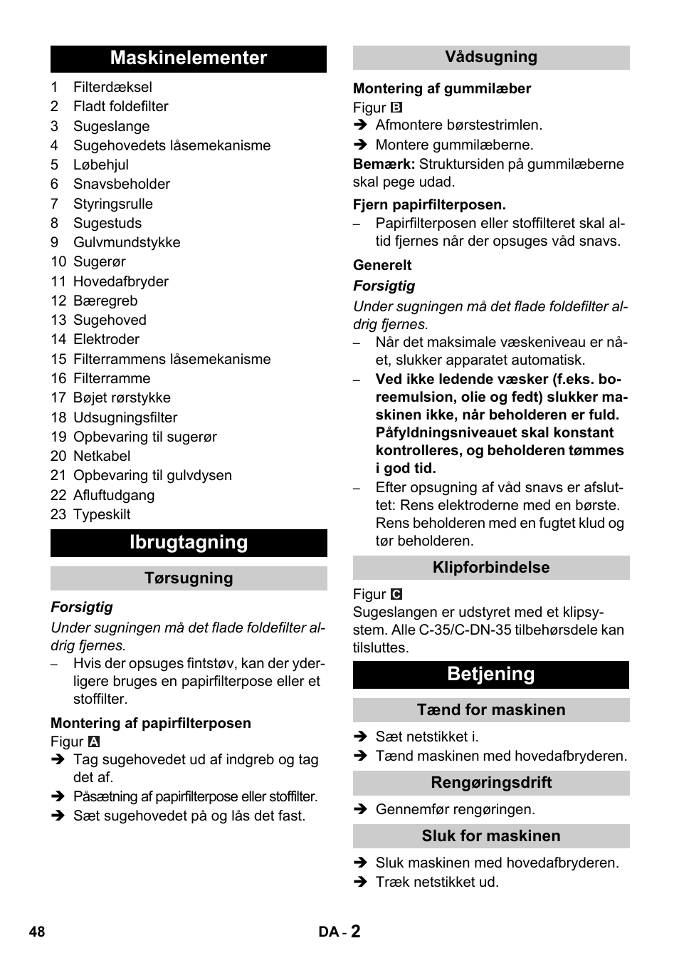 Maskinelementer ibrugtagning, Betjening | Karcher NT 14-1 Classic User Manual | Page 48 / 164