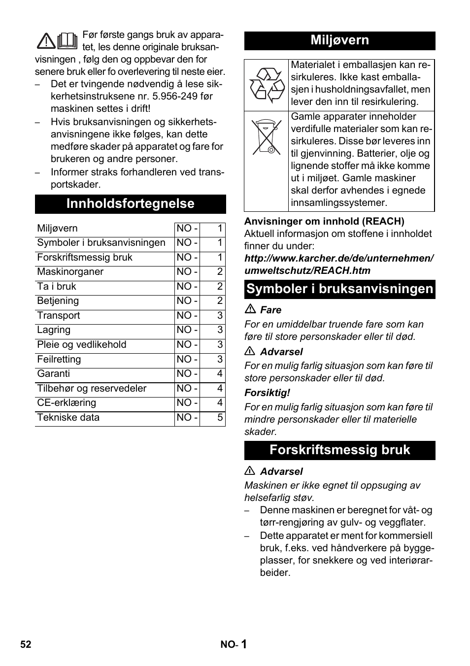 Innholdsfortegnelse, Miljøvern, Symboler i bruksanvisningen forskriftsmessig bruk | Karcher NT 14-1 Classic User Manual | Page 52 / 164