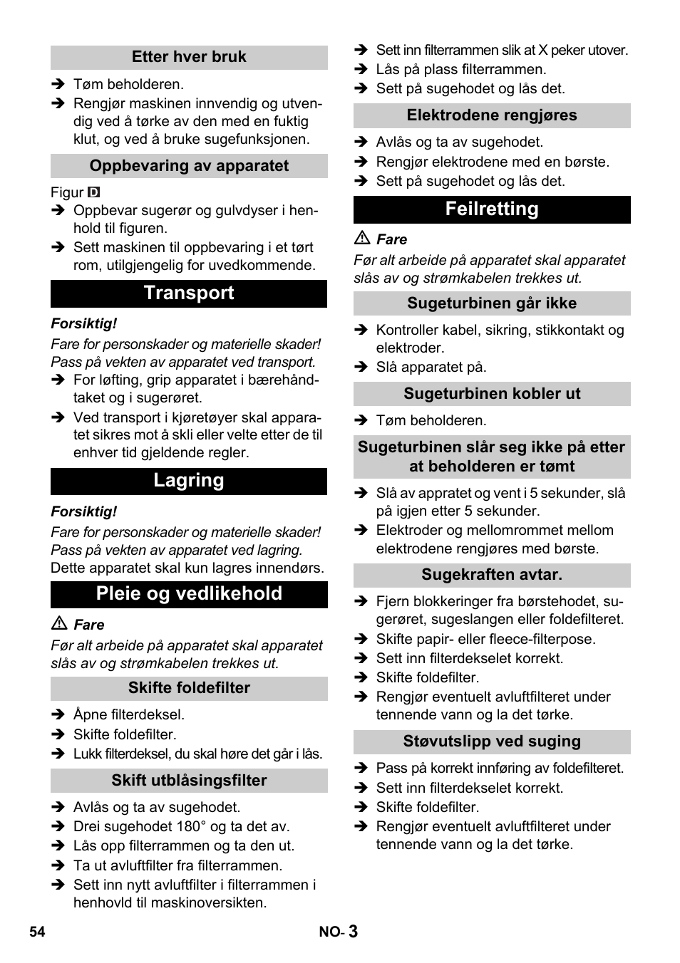 Transport lagring pleie og vedlikehold, Feilretting | Karcher NT 14-1 Classic User Manual | Page 54 / 164