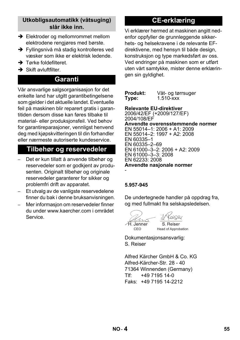 Garanti tilbehør og reservedeler ce-erklæring | Karcher NT 14-1 Classic User Manual | Page 55 / 164
