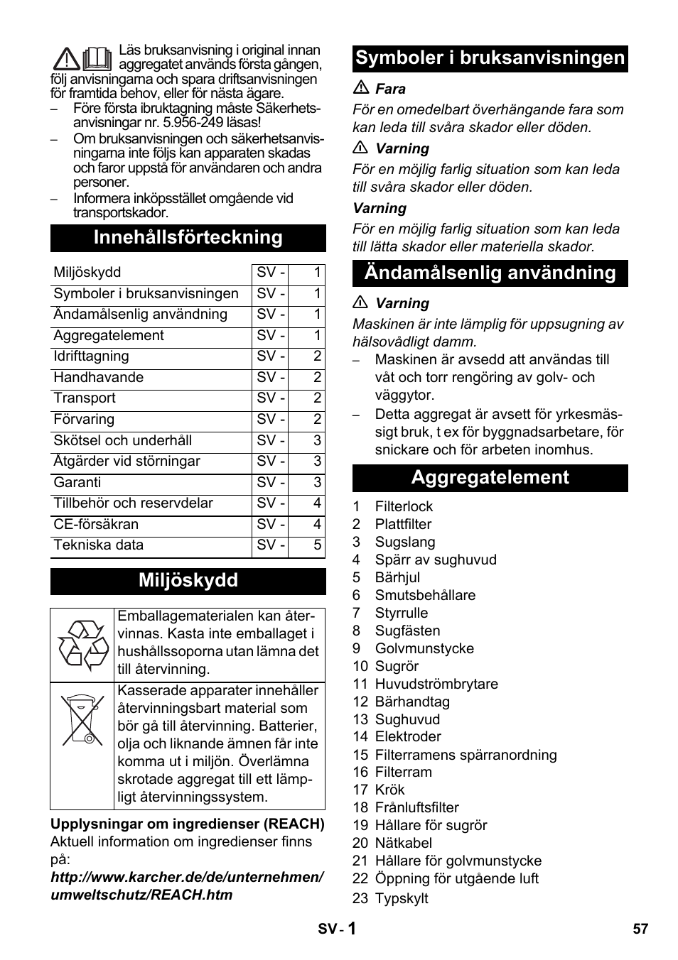 Innehållsförteckning, Miljöskydd | Karcher NT 14-1 Classic User Manual | Page 57 / 164