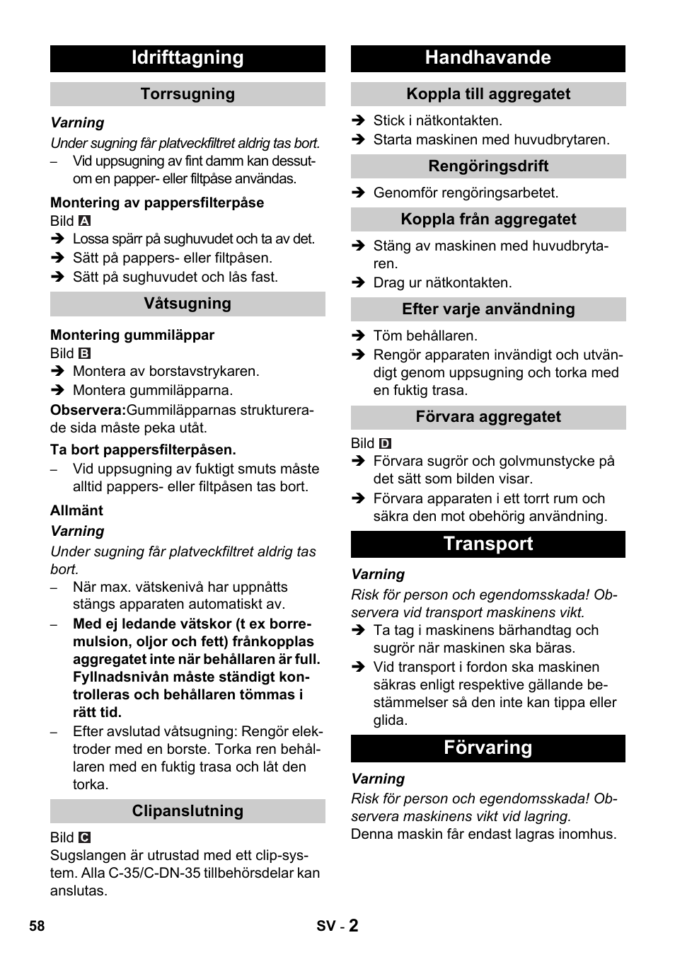 Idrifttagning, Handhavande, Transport förvaring | Karcher NT 14-1 Classic User Manual | Page 58 / 164