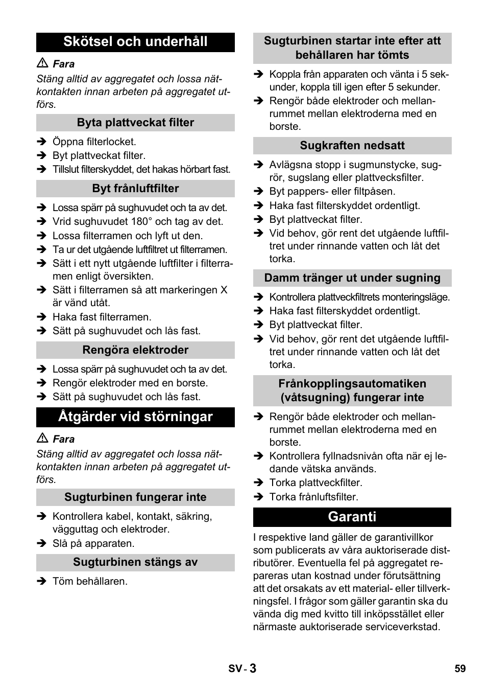 Skötsel och underhåll, Åtgärder vid störningar, Garanti | Karcher NT 14-1 Classic User Manual | Page 59 / 164