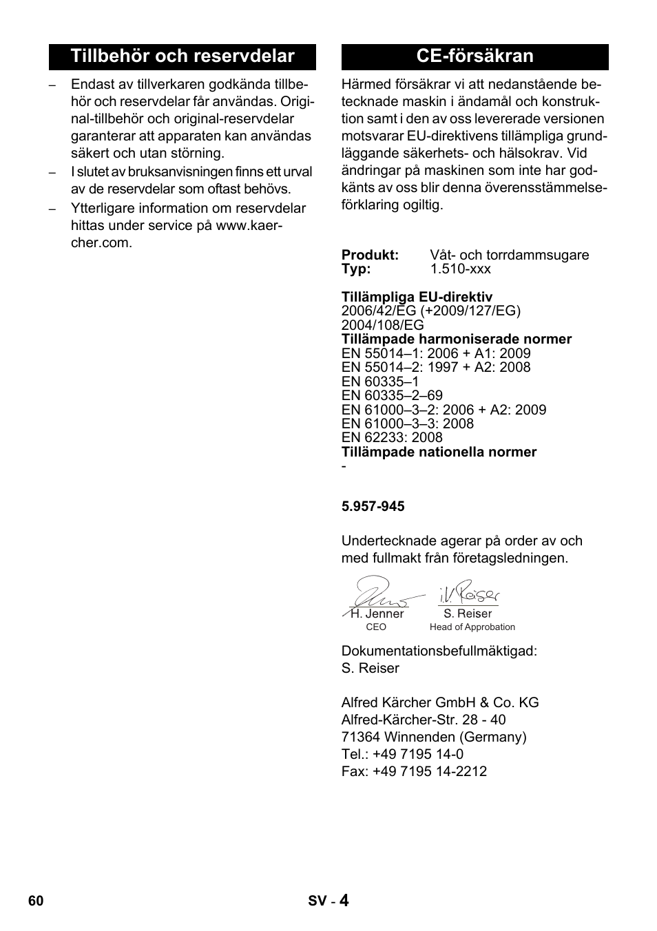 Tillbehör och reservdelar ce-försäkran | Karcher NT 14-1 Classic User Manual | Page 60 / 164