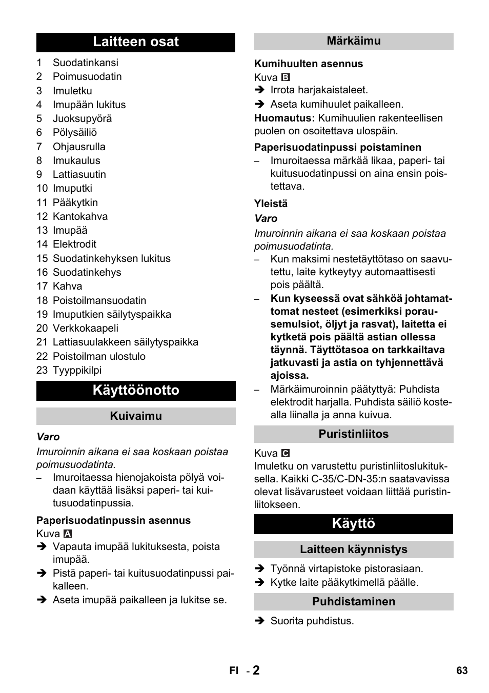 Laitteen osat käyttöönotto, Käyttö | Karcher NT 14-1 Classic User Manual | Page 63 / 164