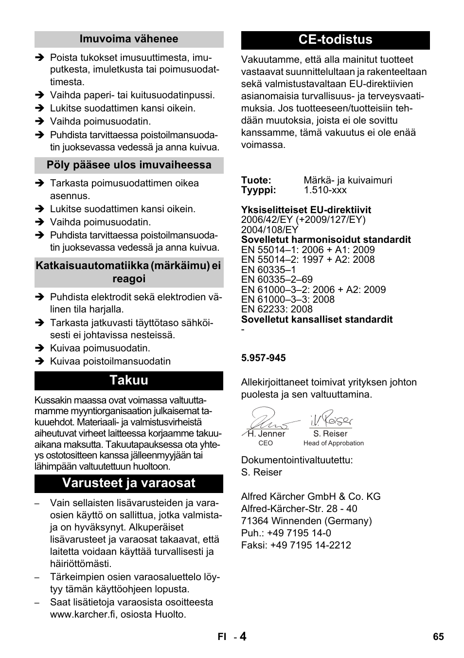 Takuu varusteet ja varaosat ce-todistus | Karcher NT 14-1 Classic User Manual | Page 65 / 164