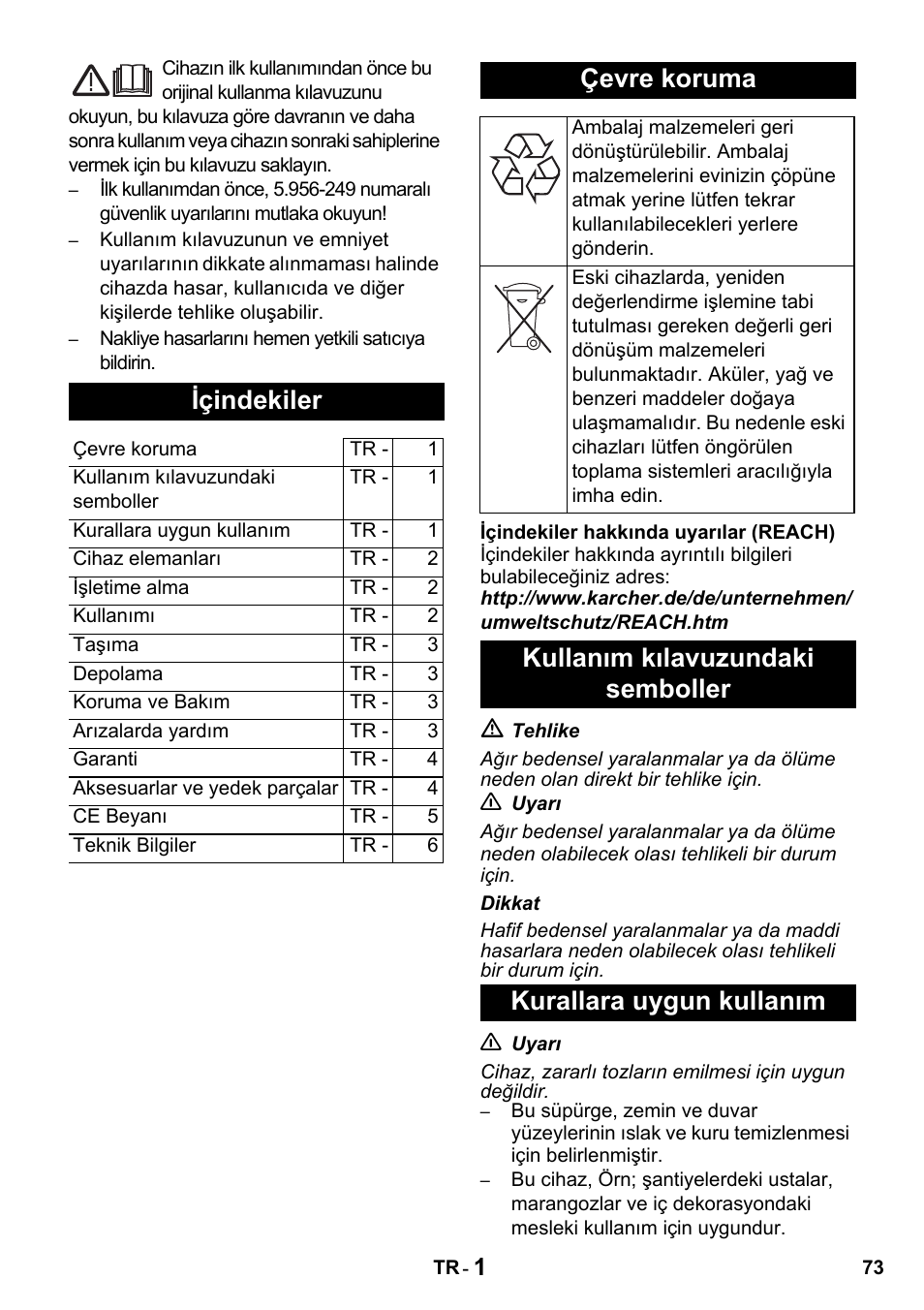 Içindekiler, Çevre koruma | Karcher NT 14-1 Classic User Manual | Page 73 / 164