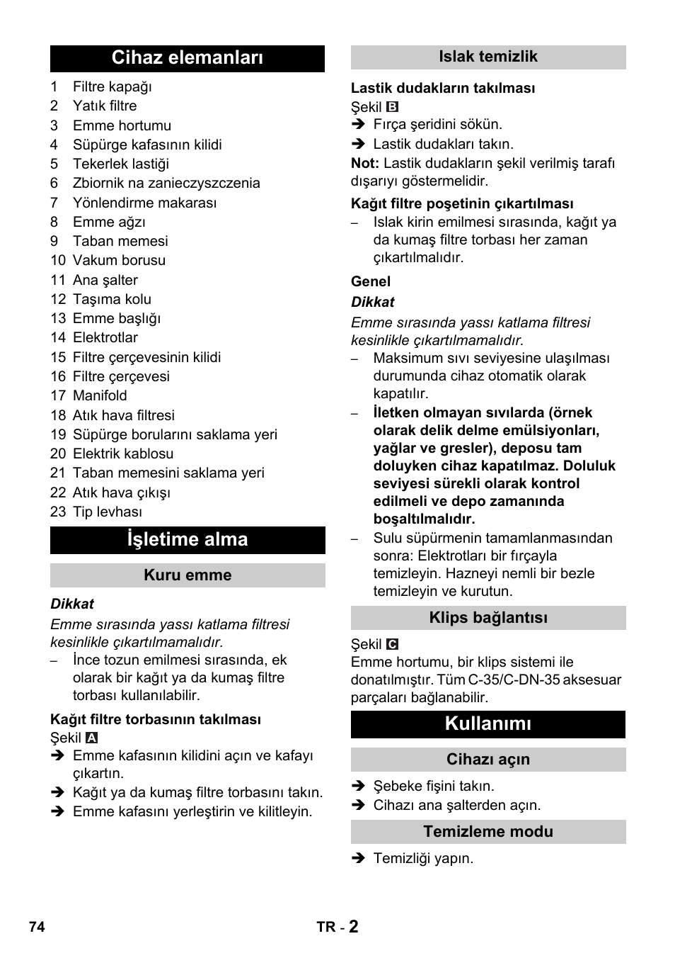 Cihaz elemanları işletime alma, Kullanımı | Karcher NT 14-1 Classic User Manual | Page 74 / 164