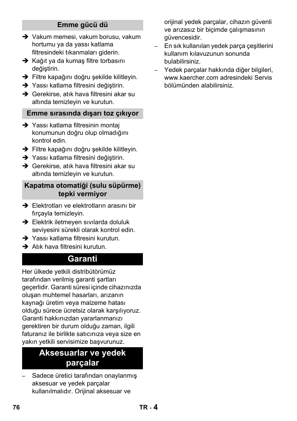 Garanti aksesuarlar ve yedek parçalar | Karcher NT 14-1 Classic User Manual | Page 76 / 164