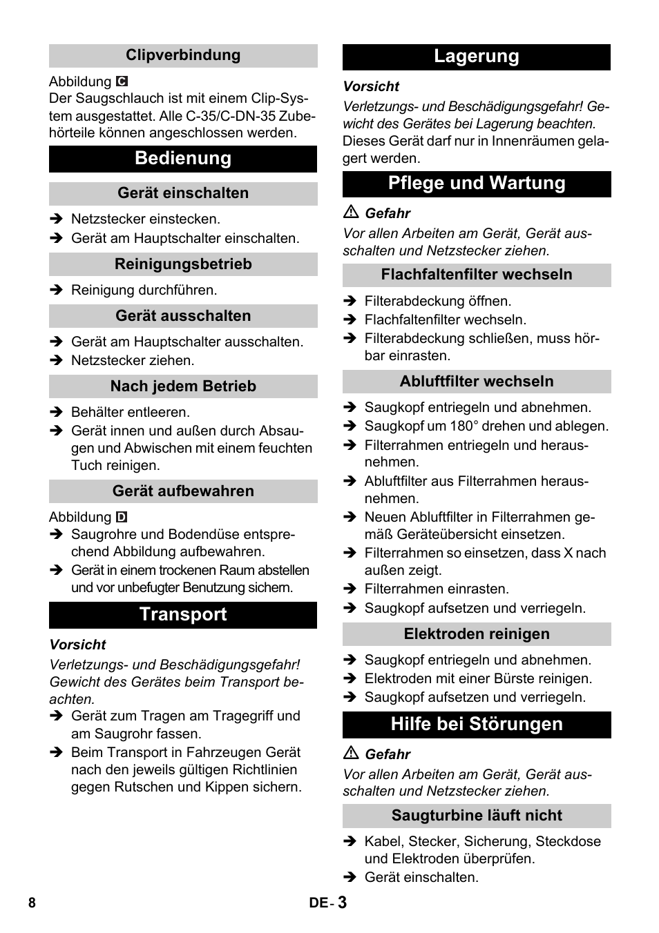 Bedienung, Transport lagerung pflege und wartung, Hilfe bei störungen | Karcher NT 14-1 Classic User Manual | Page 8 / 164