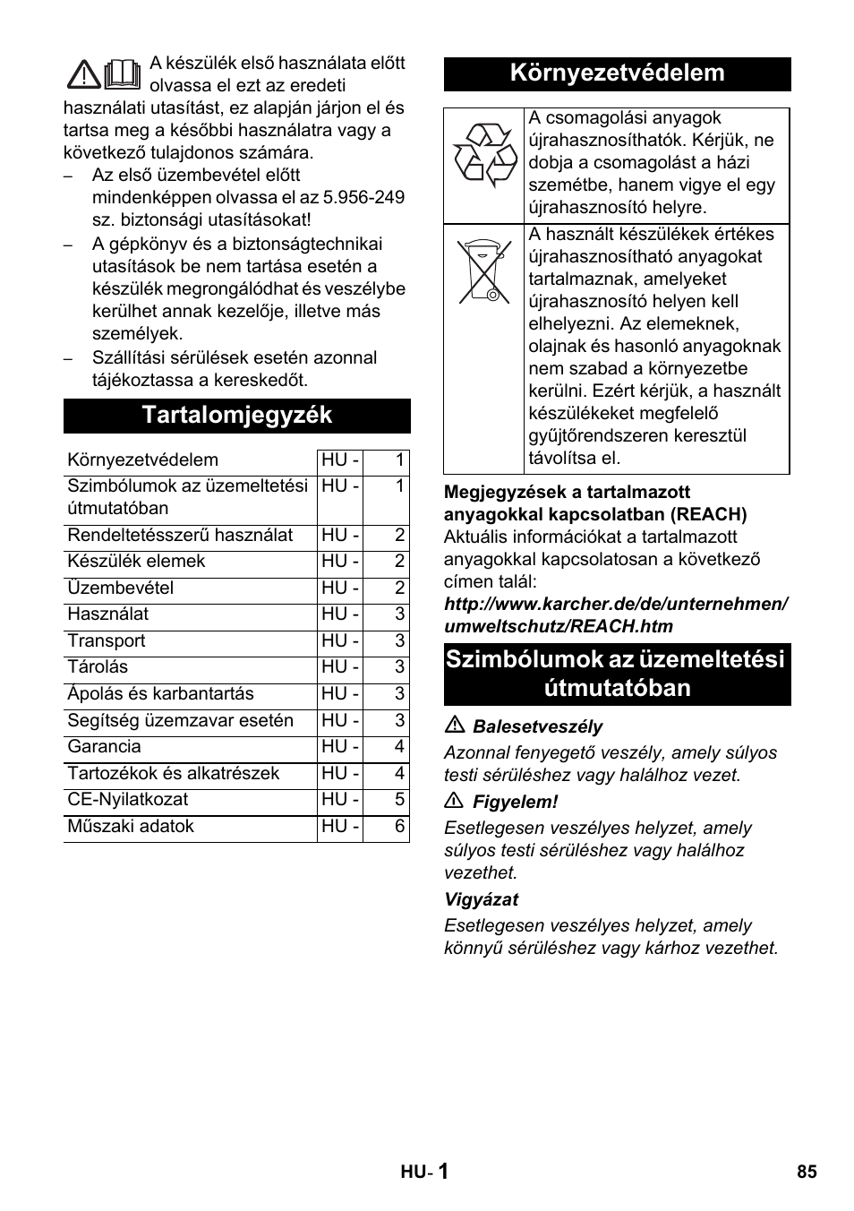 Tartalomjegyzék, Környezetvédelem, Szimbólumok az üzemeltetési útmutatóban | Karcher NT 14-1 Classic User Manual | Page 85 / 164