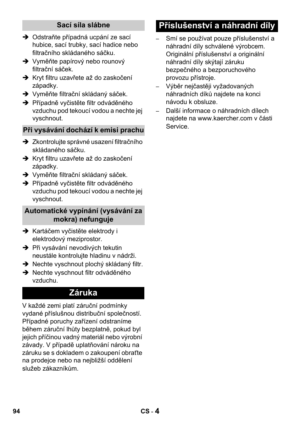 Záruka příslušenství a náhradní díly | Karcher NT 14-1 Classic User Manual | Page 94 / 164