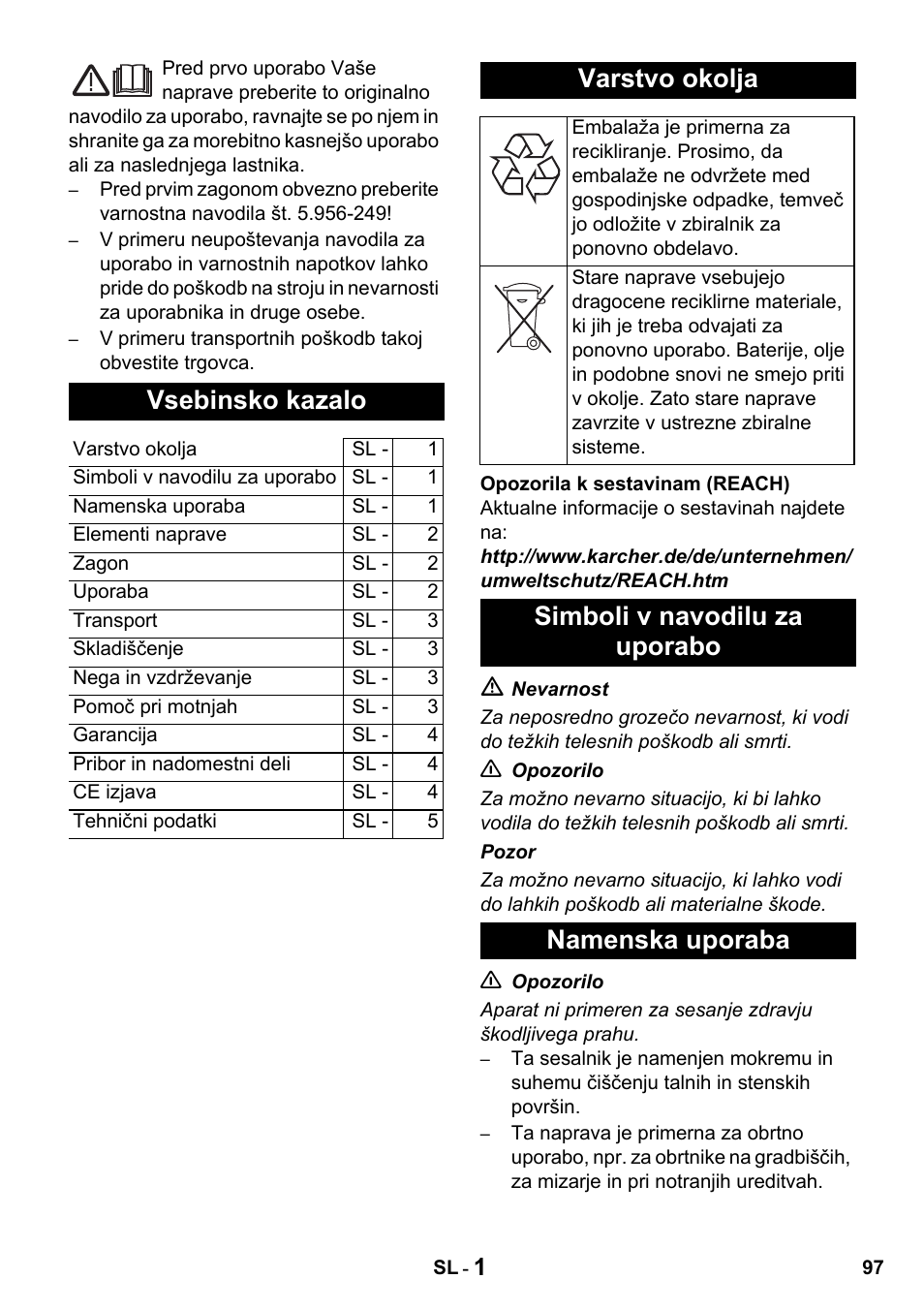 Vsebinsko kazalo, Varstvo okolja, Simboli v navodilu za uporabo namenska uporaba | Karcher NT 14-1 Classic User Manual | Page 97 / 164