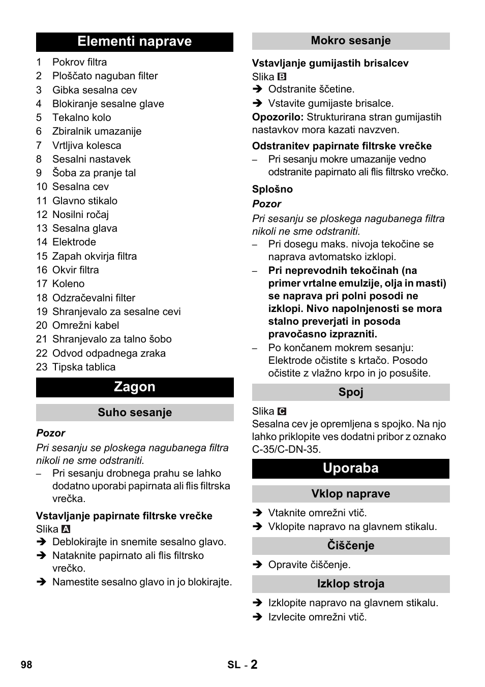 Elementi naprave zagon, Uporaba | Karcher NT 14-1 Classic User Manual | Page 98 / 164