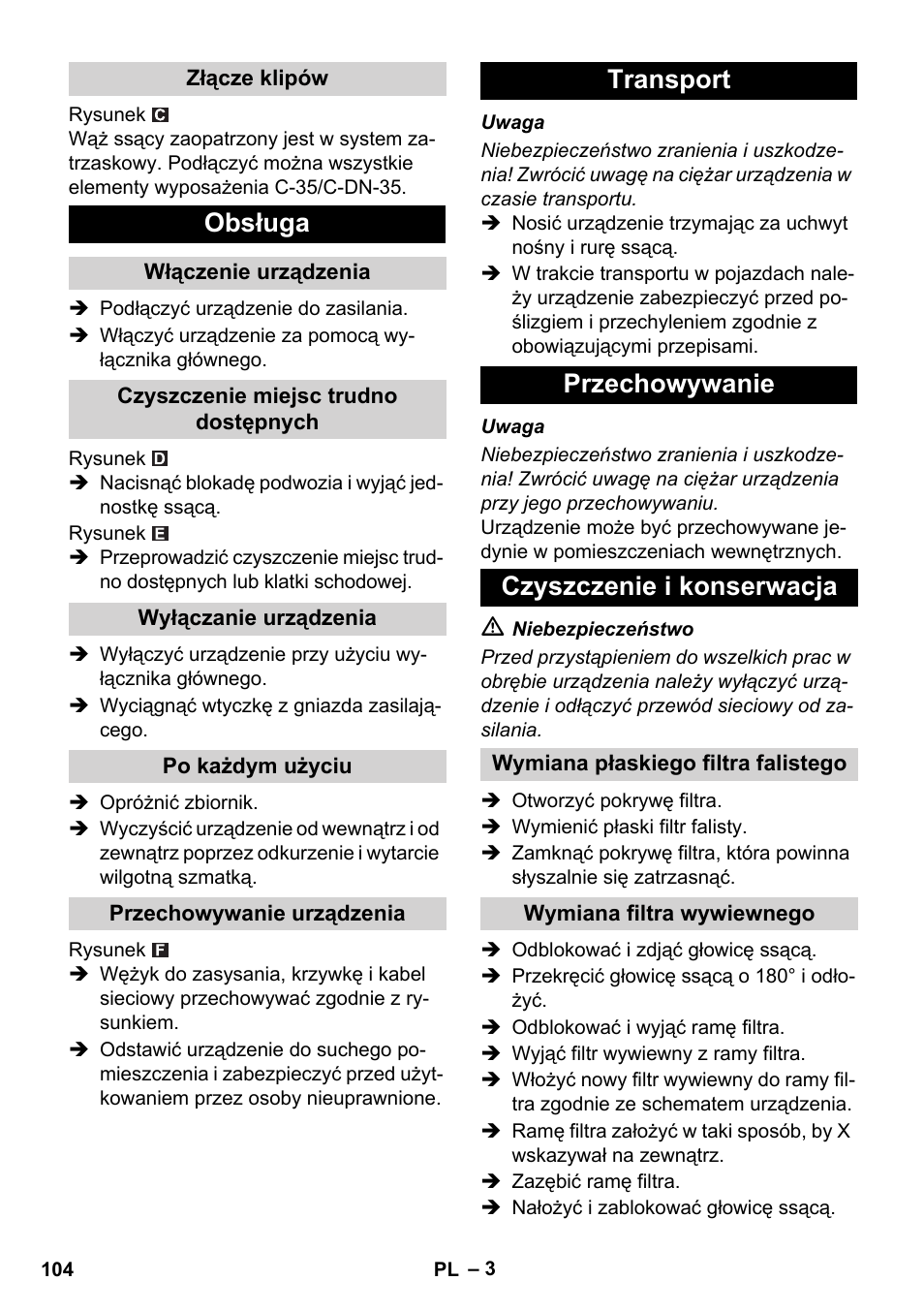 Obsługa, Transport przechowywanie czyszczenie i konserwacja | Karcher NT 14-1 Ap User Manual | Page 104 / 168