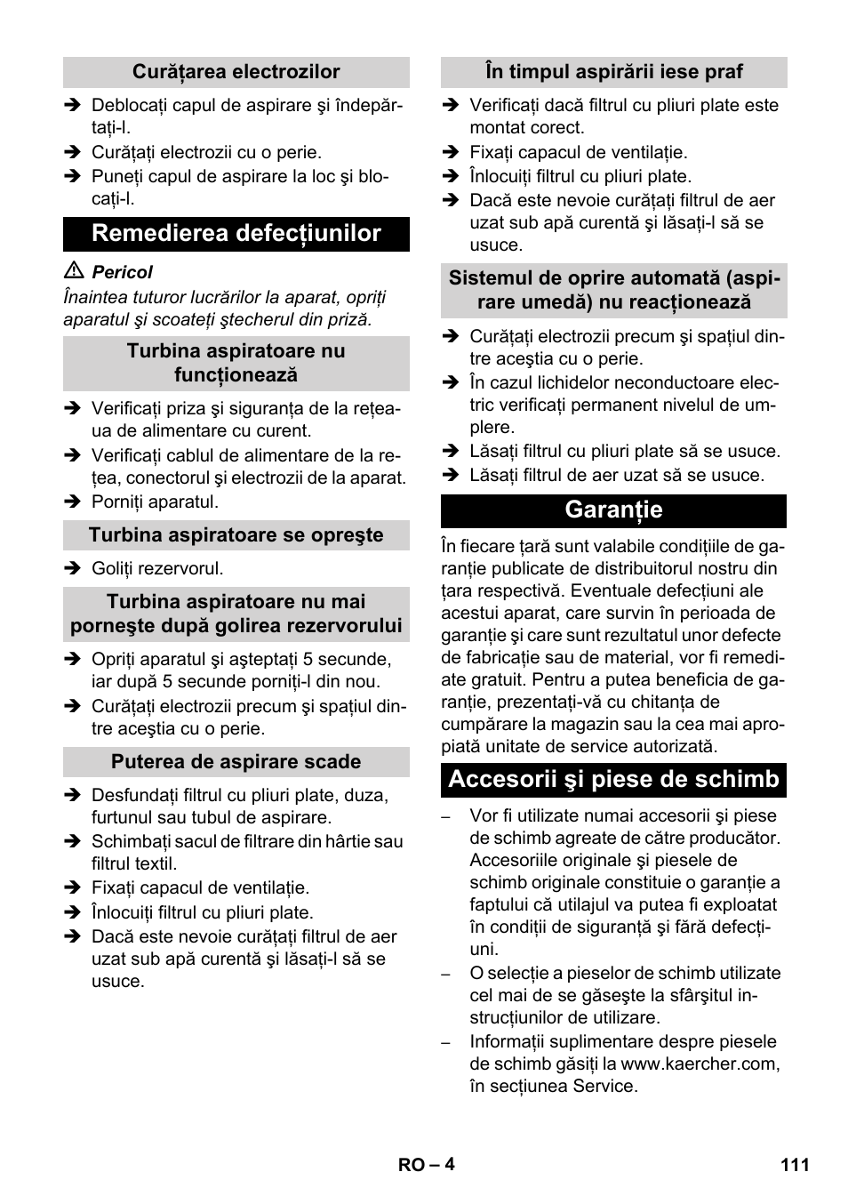 Remedierea defecţiunilor, Garanţie accesorii şi piese de schimb | Karcher NT 14-1 Ap User Manual | Page 111 / 168